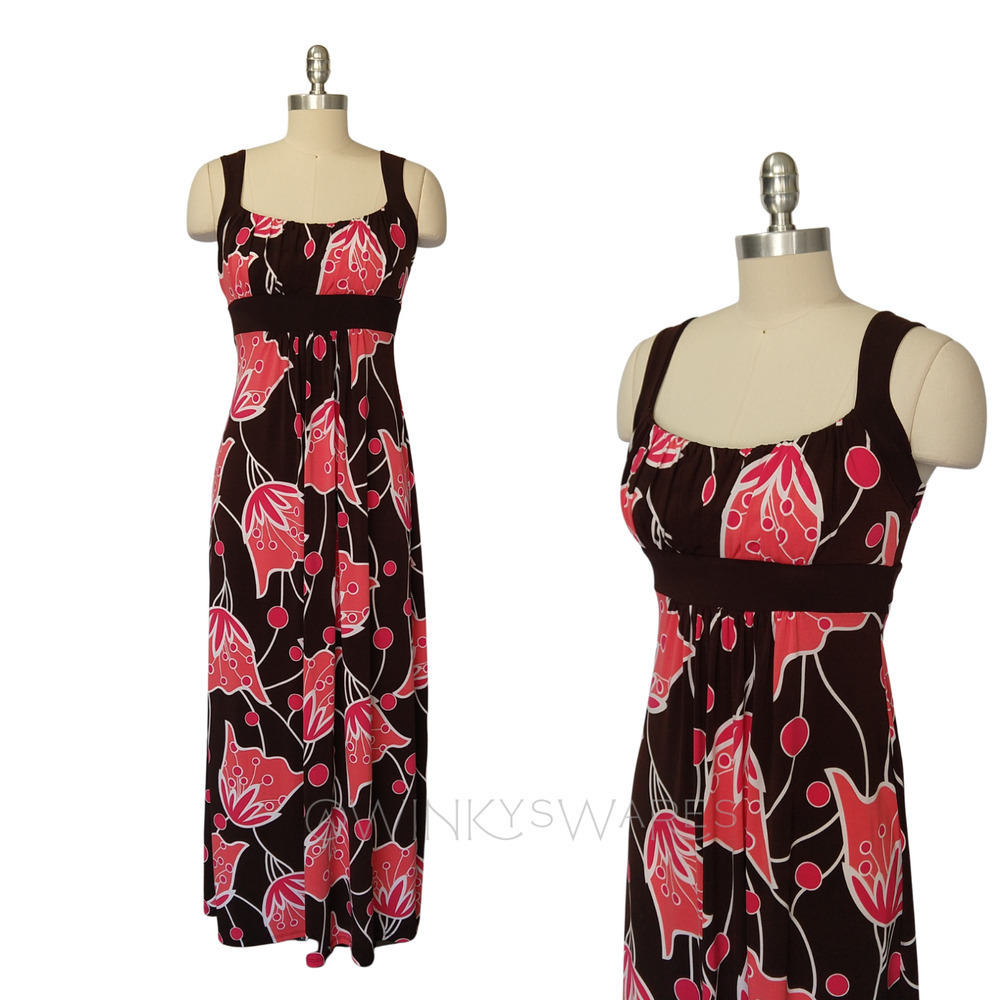 Vintage 90s Y2K B Smart Floral Maxi Dress Size 4 S Brown Pink Empire Sleeveless